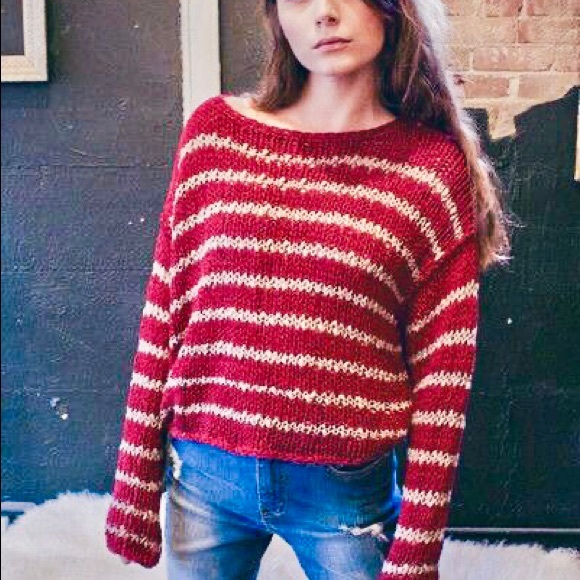 FREE PEOPLE Ruby Red Striped Chunky Knit Sweater - Picture 3 of 9